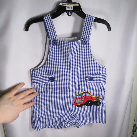Baby Bulldozer Truck Seersucker Shortalls lined Gingham - Picture 1 of 11